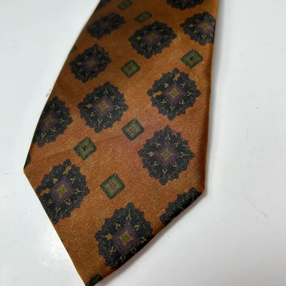 Robert Talbott Men's Brown Multicolored Medallion Diamond Pattern 100% Silk Tie